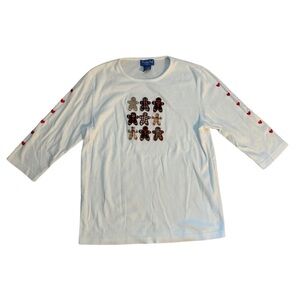 Paradise Bay gingerbread man design tshirt with embroidered hearts along sleeve